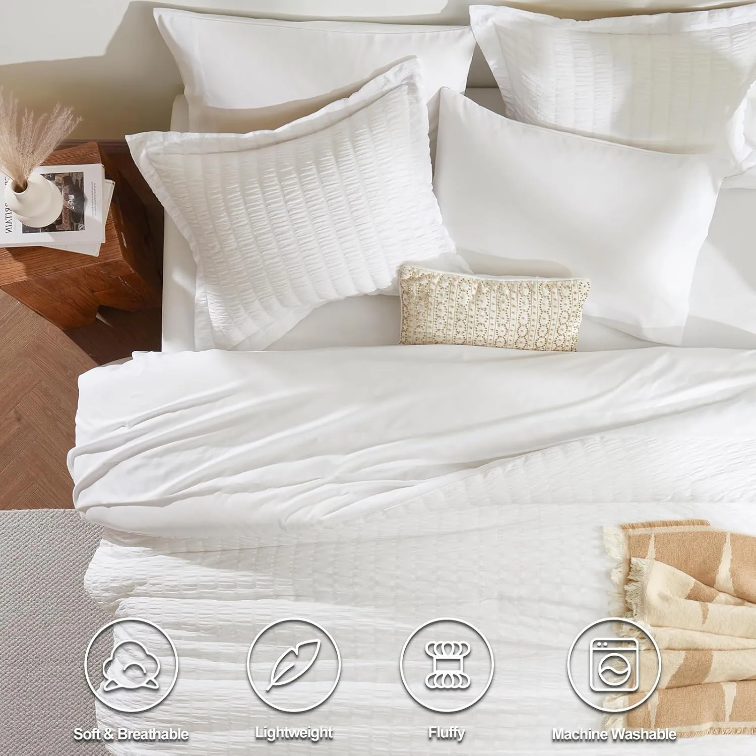 CozyLux Full Bed in a Bag White Seersucker Comforter Set - 7-Piece All Season Bedding with Comforter, Pillow Sham, Flat Sheet, Fitted Sheet and Pillowcase