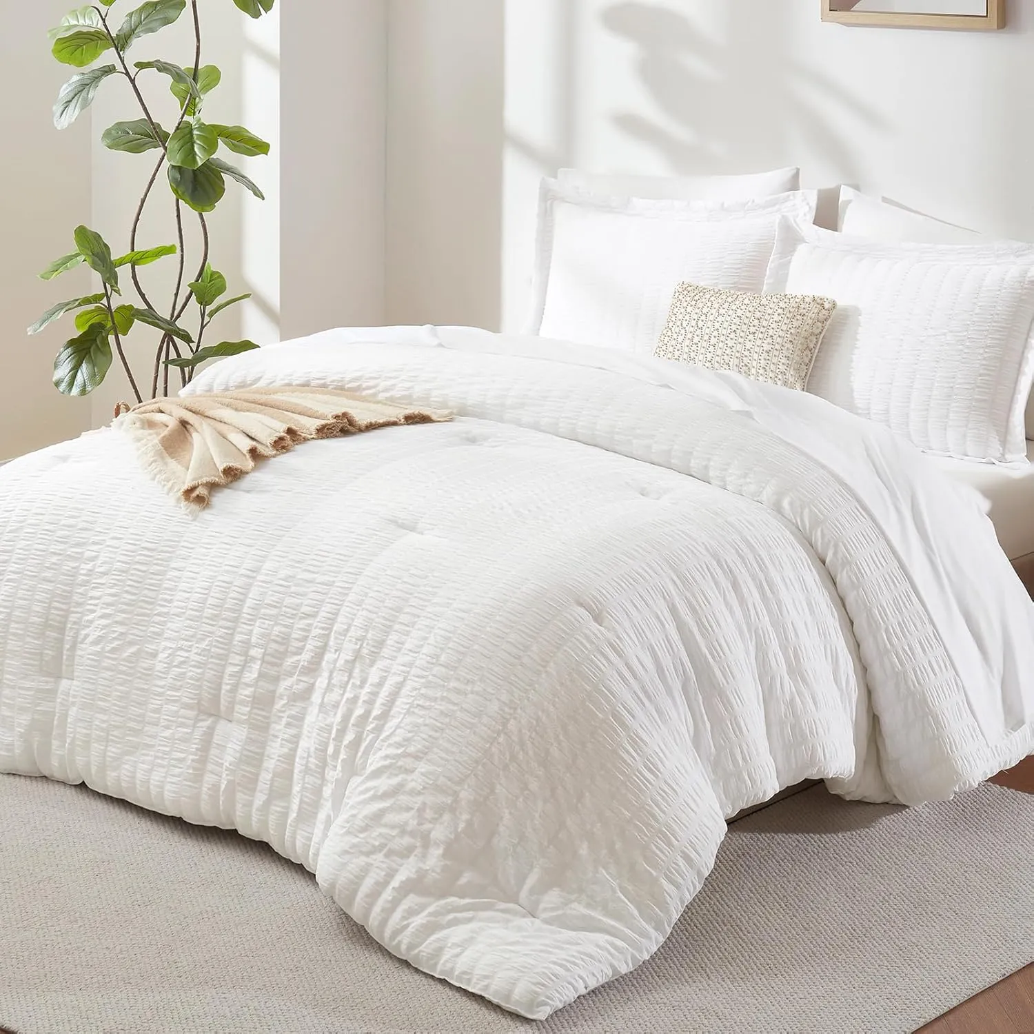 CozyLux Full Bed in a Bag White Seersucker Comforter Set - 7-Piece All Season Bedding with Comforter, Pillow Sham, Flat Sheet, Fitted Sheet and Pillowcase