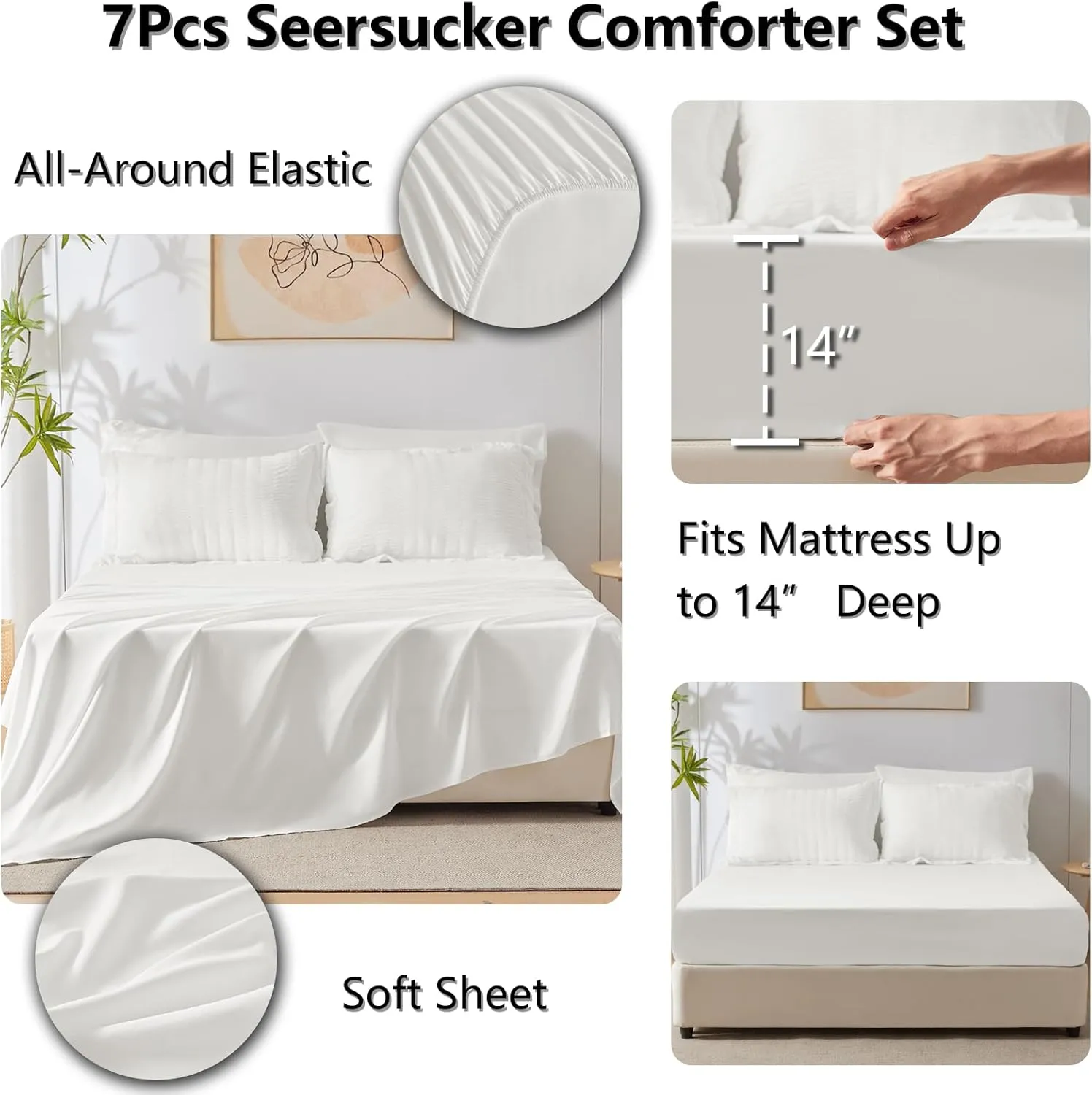 CozyLux Full Bed in a Bag White Seersucker Comforter Set - 7-Piece All Season Bedding with Comforter, Pillow Sham, Flat Sheet, Fitted Sheet and Pillowcase