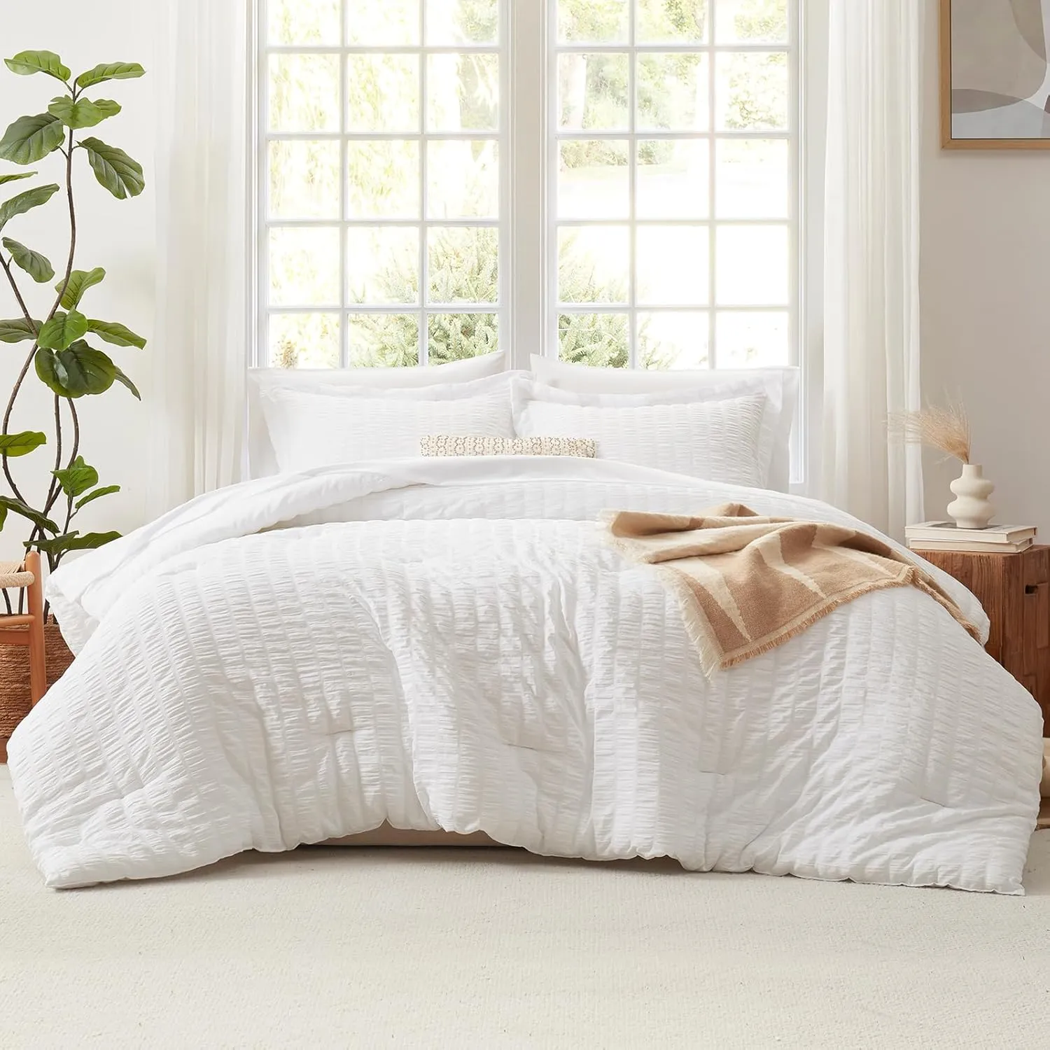 CozyLux Full Bed in a Bag White Seersucker Comforter Set - 7-Piece All Season Bedding with Comforter, Pillow Sham, Flat Sheet, Fitted Sheet and Pillowcase