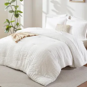 CozyLux Full Bed in a Bag White Seersucker Comforter Set - 7-Piece All Season Bedding with Comforter, Pillow Sham, Flat Sheet, Fitted Sheet and Pillowcase