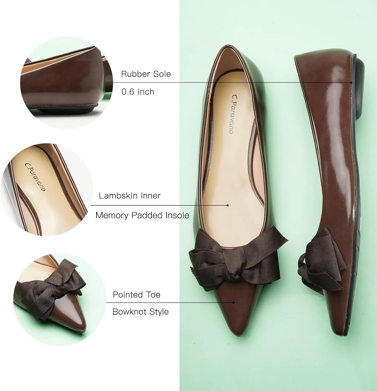C.Paravano Pointy Bow Flats Women's Flats Comfortable Stylish Slip-On Shoes for Casual and Office