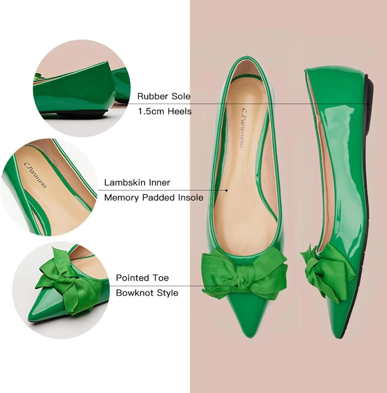 C.Paravano Pointy Bow Flats Women's Flats Comfortable Stylish Slip-On Shoes for Casual and Office