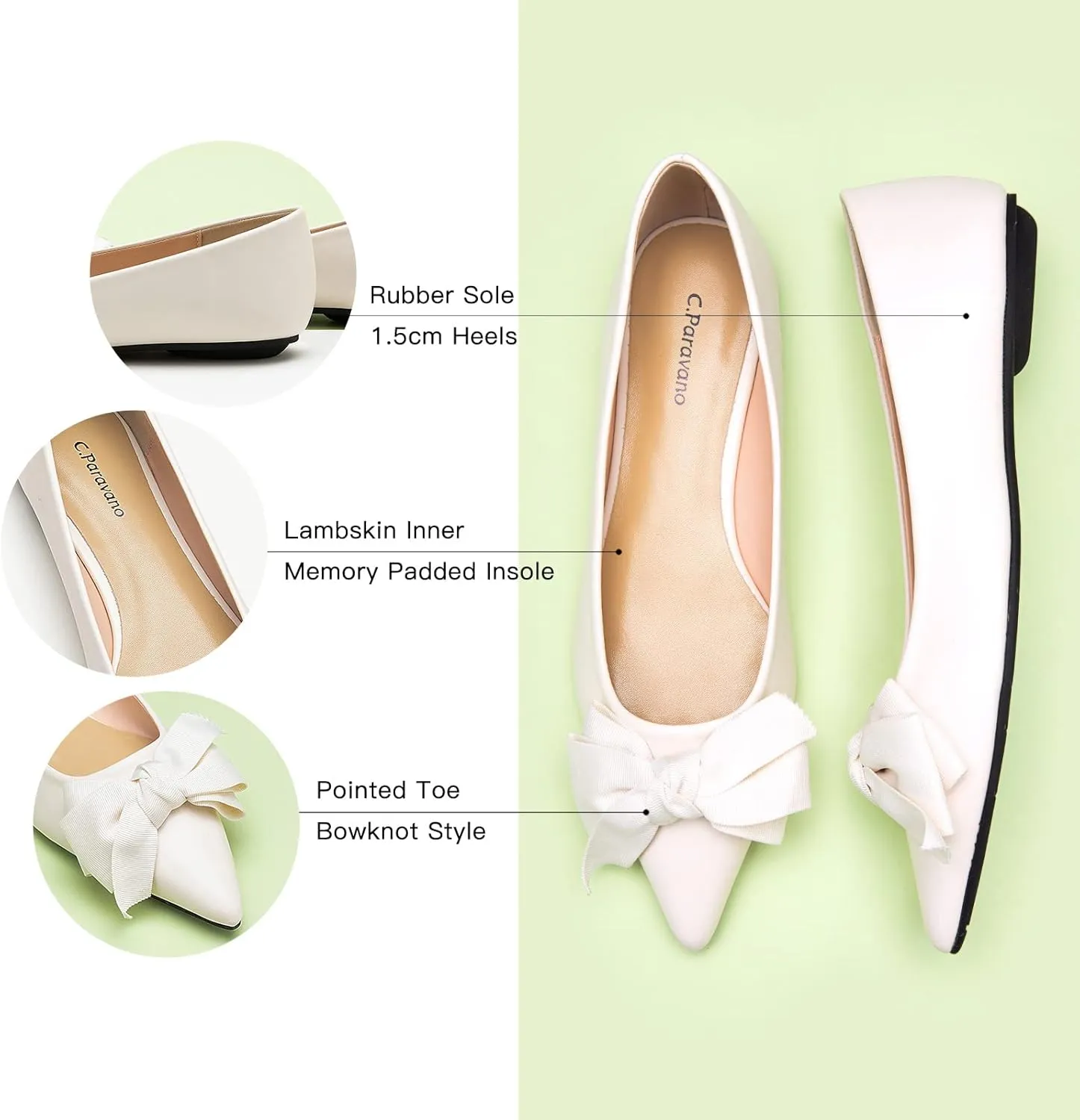 C.Paravano Pointy Bow Flats Women's Flats Comfortable Stylish Slip-On Shoes for Casual and Office