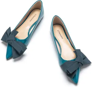 C.Paravano Pointy Bow Flats Women's Flats Comfortable Stylish Slip-On Shoes for Casual and Office（Blue, Size 10.5