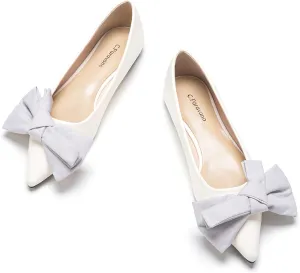C.Paravano Pointy Bow Flats Women's Flats Comfortable Stylish Slip-On Shoes for Casual and Office（Ivory, Size 9