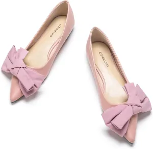 C.Paravano Pointy Bow Flats Women's Flats Comfortable Stylish Slip-On Shoes for Casual and Office（Pink, Size 5.5