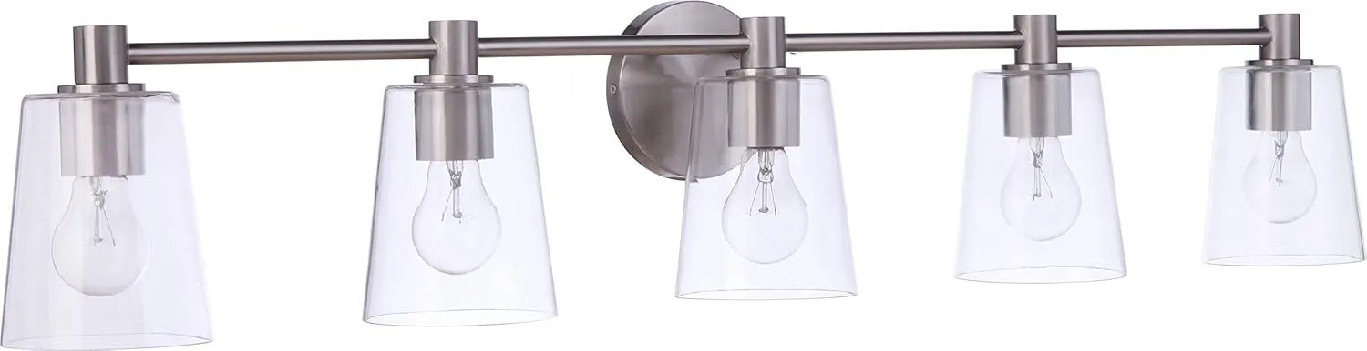 Craftmade 12642BNK5 Emilio Clear Glass Bath Vanity Wall Light, 5-Light 300 Total Watts, 8"H x 42"W, Brushed Polished Nickel