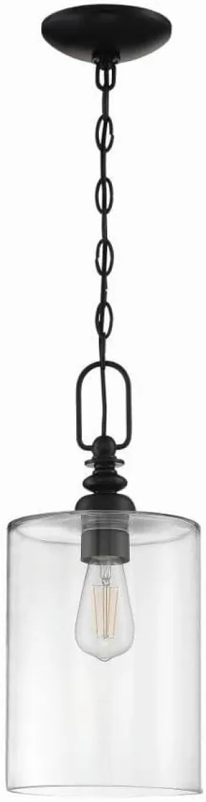 Craftmade 49891-FB-C Dardyn Clear Glass Cylinder Mini Pendant, 1-Light 60 Watt, 17"H x 8"W, Flat Black