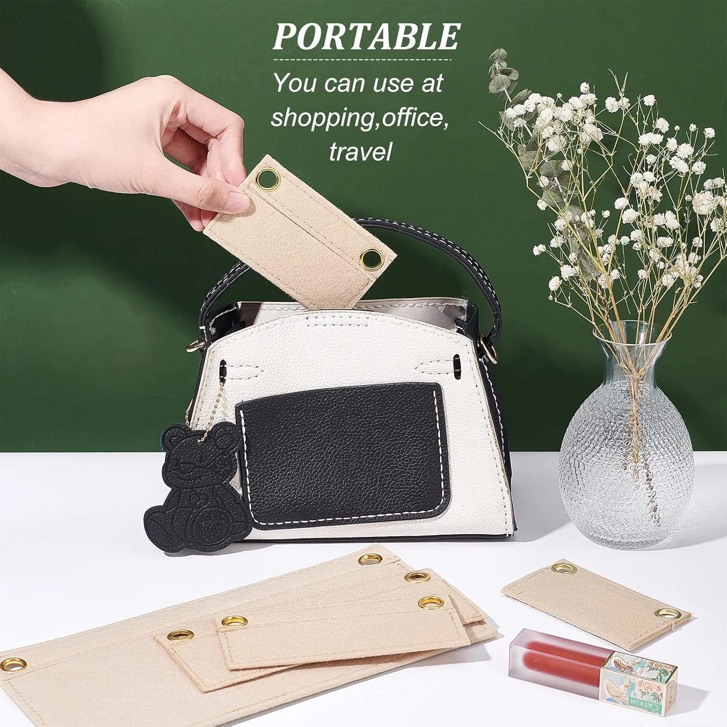 CREATCABIN 5Pcs Tan Beige Purse Felt Insert Organizer 5 Sizes Wool Tote Bag with Eyelet Classic Inner Pocket Storage Multipurpose Handbag for Envelope Travel Cosmetic Bag