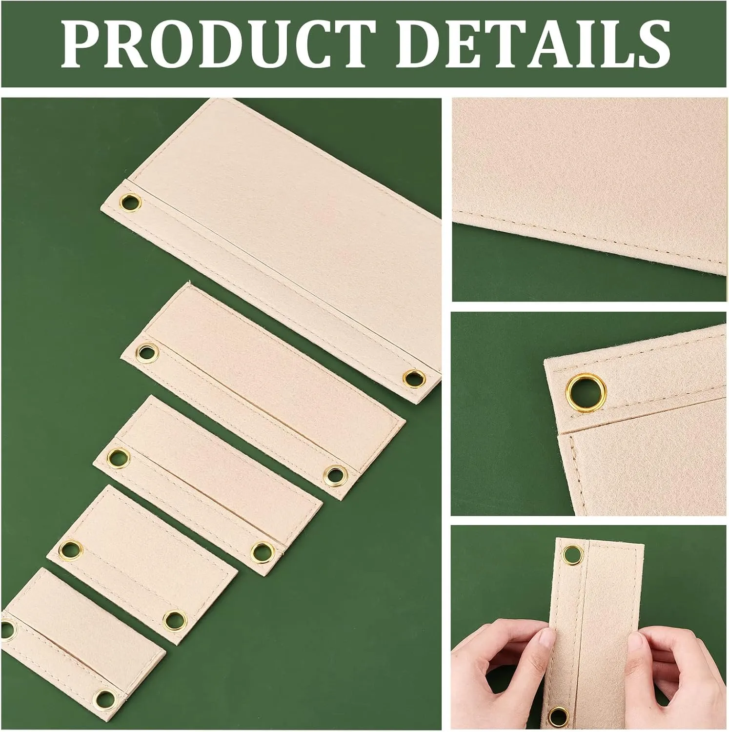 CREATCABIN 5Pcs Tan Beige Purse Felt Insert Organizer 5 Sizes Wool Tote Bag with Eyelet Classic Inner Pocket Storage Multipurpose Handbag for Envelope Travel Cosmetic Bag