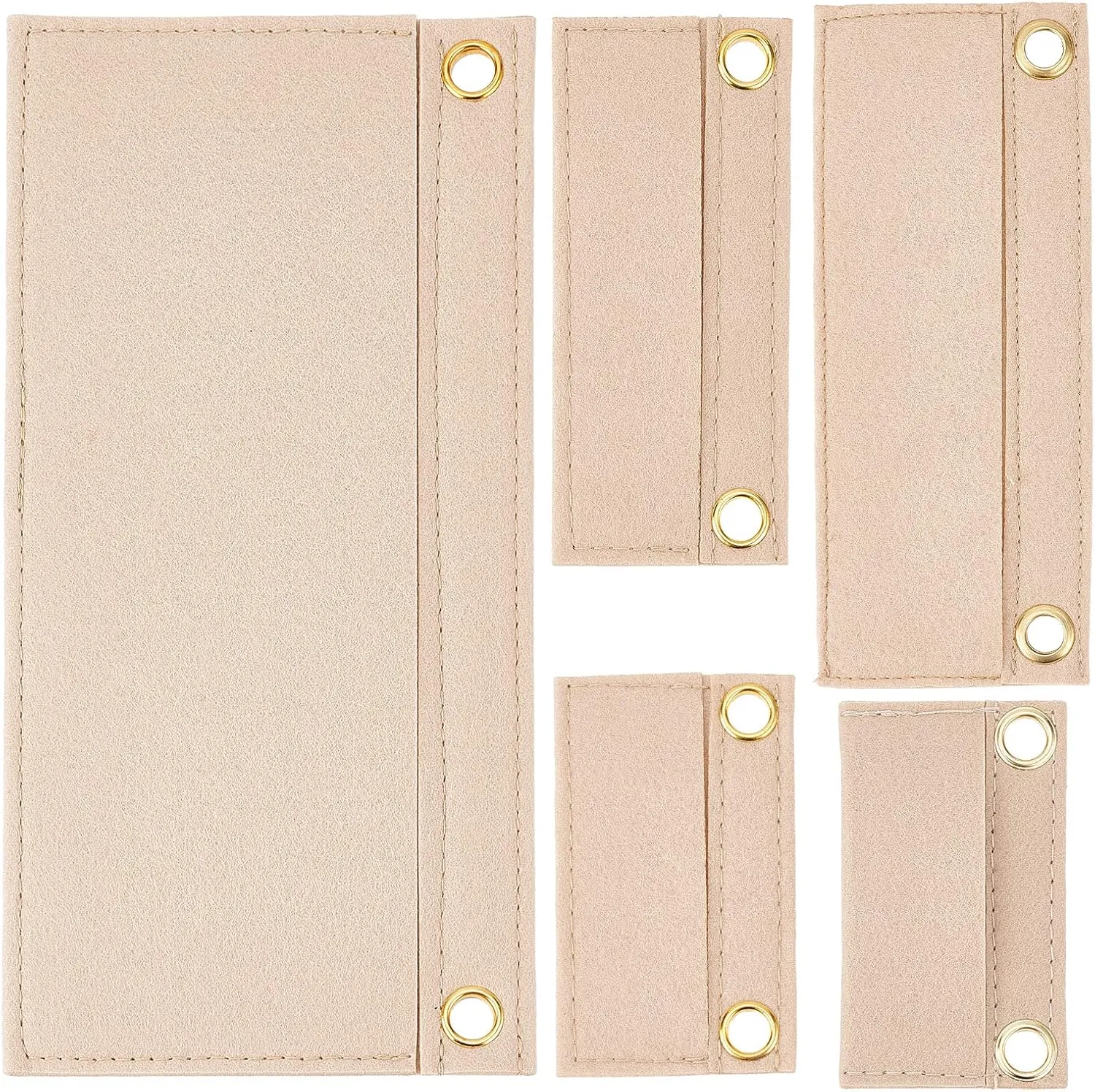 CREATCABIN 5Pcs Tan Beige Purse Felt Insert Organizer 5 Sizes Wool Tote Bag with Eyelet Classic Inner Pocket Storage Multipurpose Handbag for Envelope Travel Cosmetic Bag