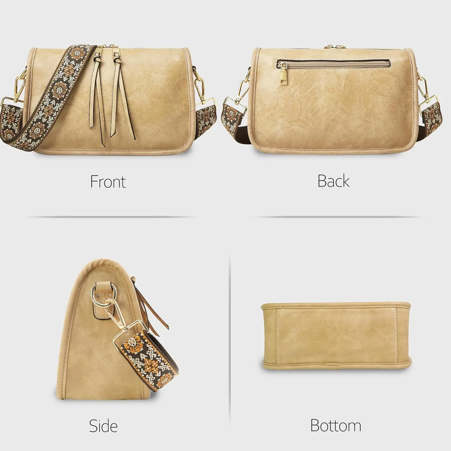Crossbody Bag for Women Bohemian Vintage Stylish Purse Vegan Leather Shoulder Bag with Adjustable Wide Strap