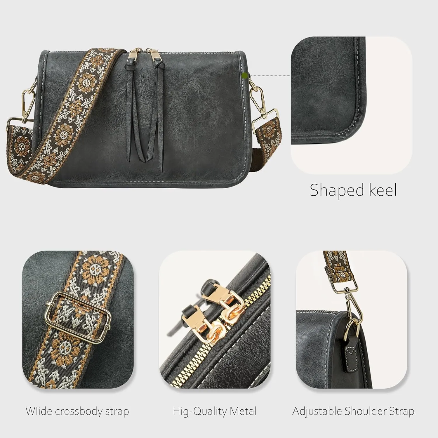 Crossbody Bag for Women Bohemian Vintage Stylish Purse Vegan Leather Shoulder Bag with Adjustable Wide Strap