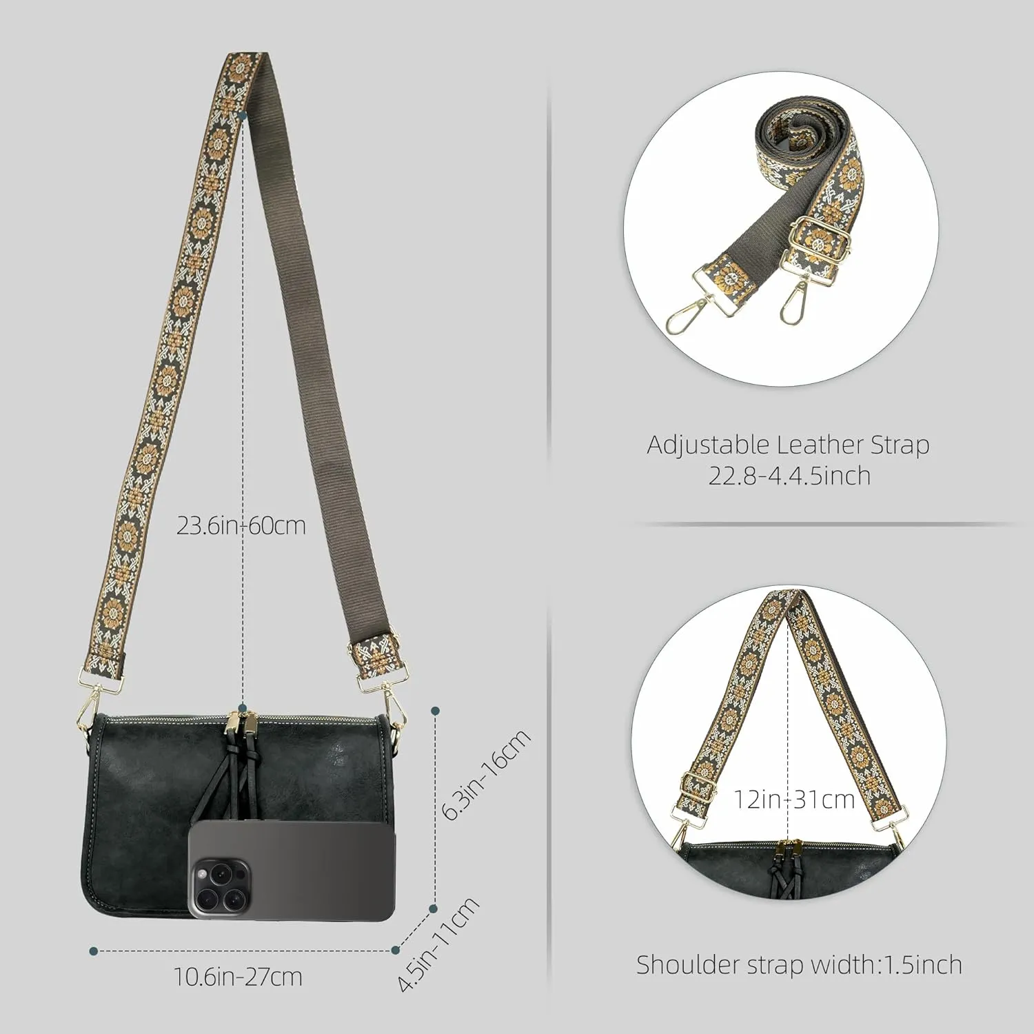 Crossbody Bag for Women Bohemian Vintage Stylish Purse Vegan Leather Shoulder Bag with Adjustable Wide Strap