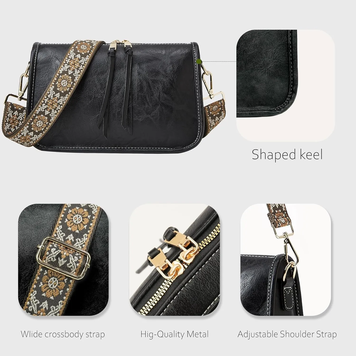 Crossbody Bag for Women Bohemian Vintage Stylish Purse Vegan Leather Shoulder Bag with Adjustable Wide Strap