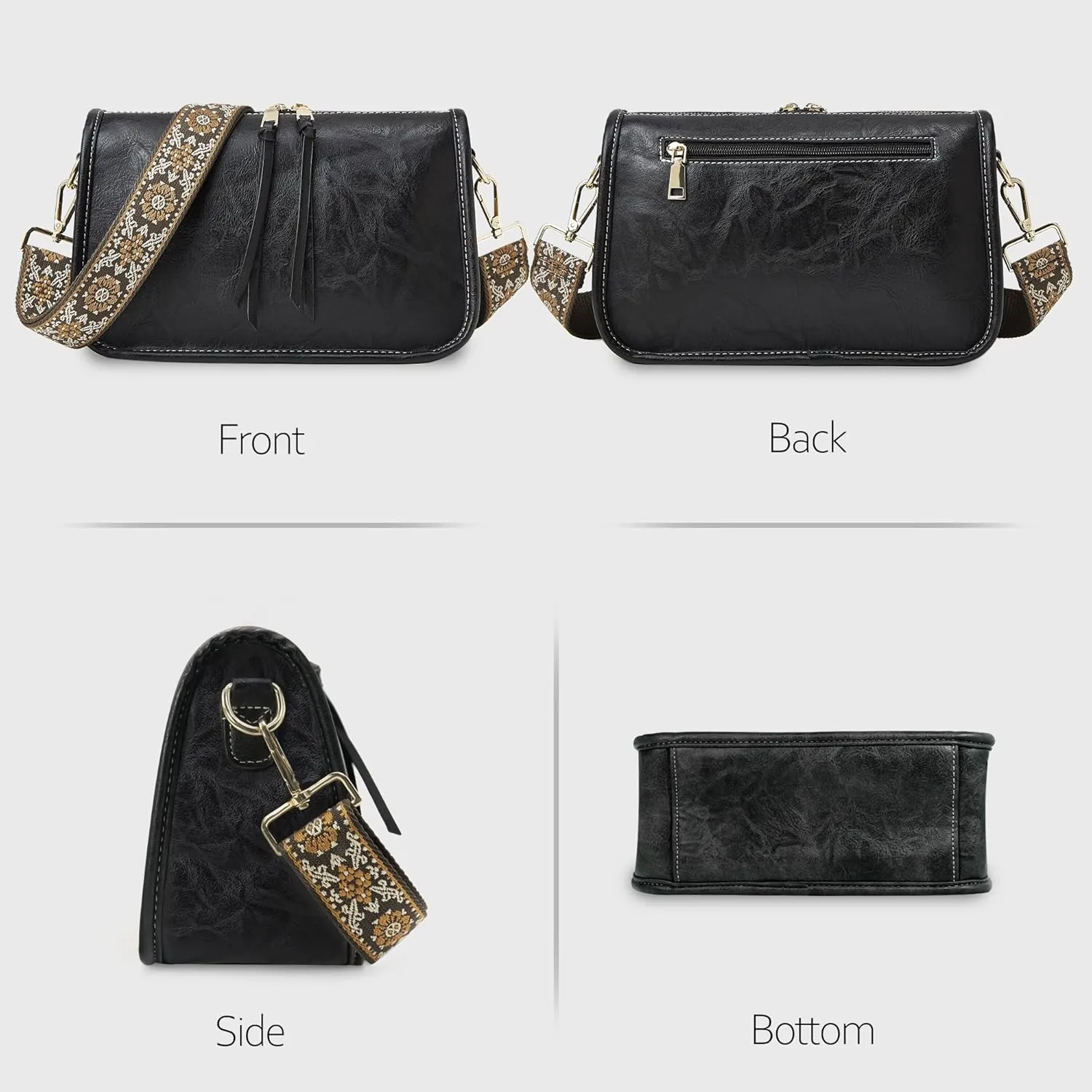 Crossbody Bag for Women Bohemian Vintage Stylish Purse Vegan Leather Shoulder Bag with Adjustable Wide Strap