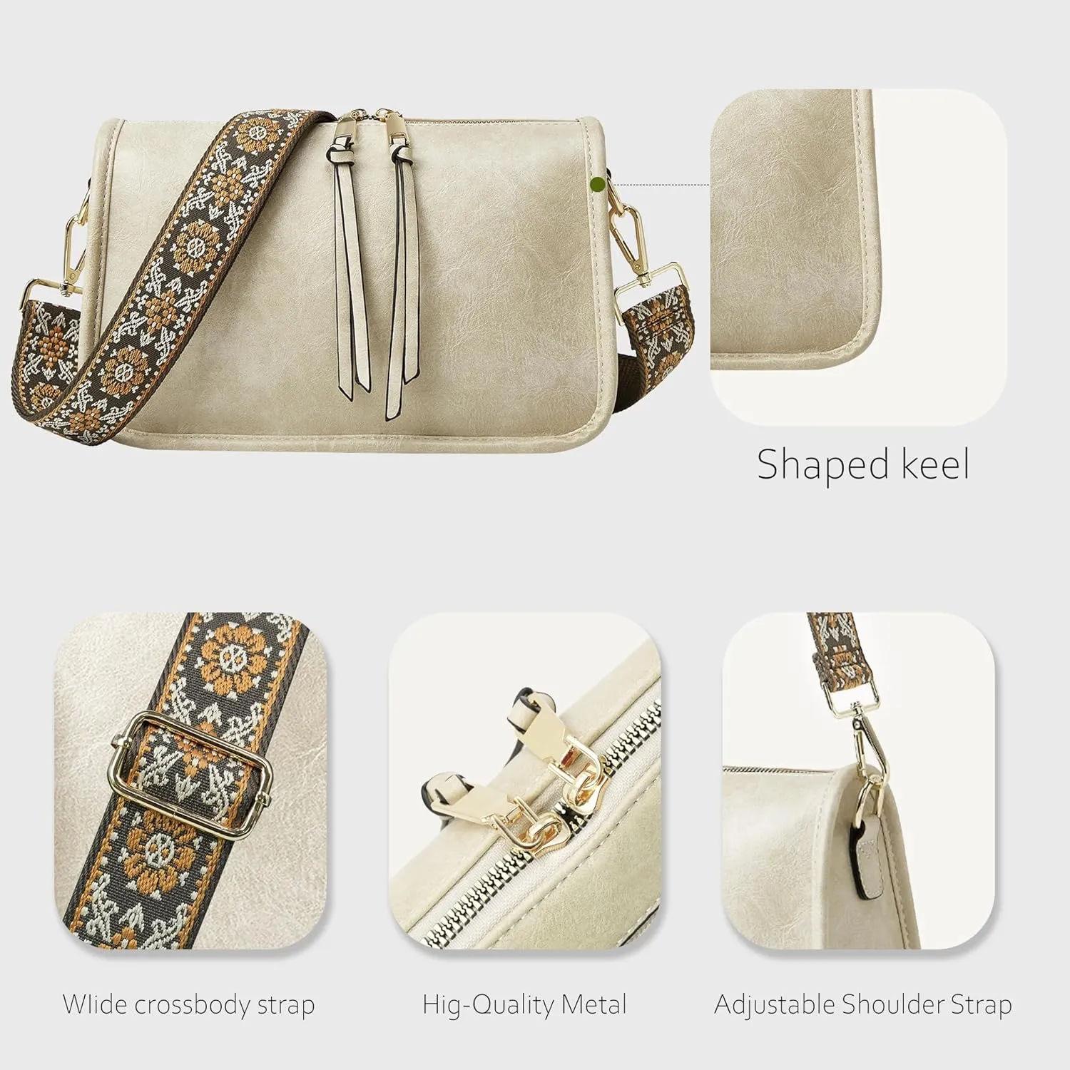 Crossbody Bag for Women Bohemian Vintage Stylish Purse Vegan Leather Shoulder Bag with Adjustable Wide Strap