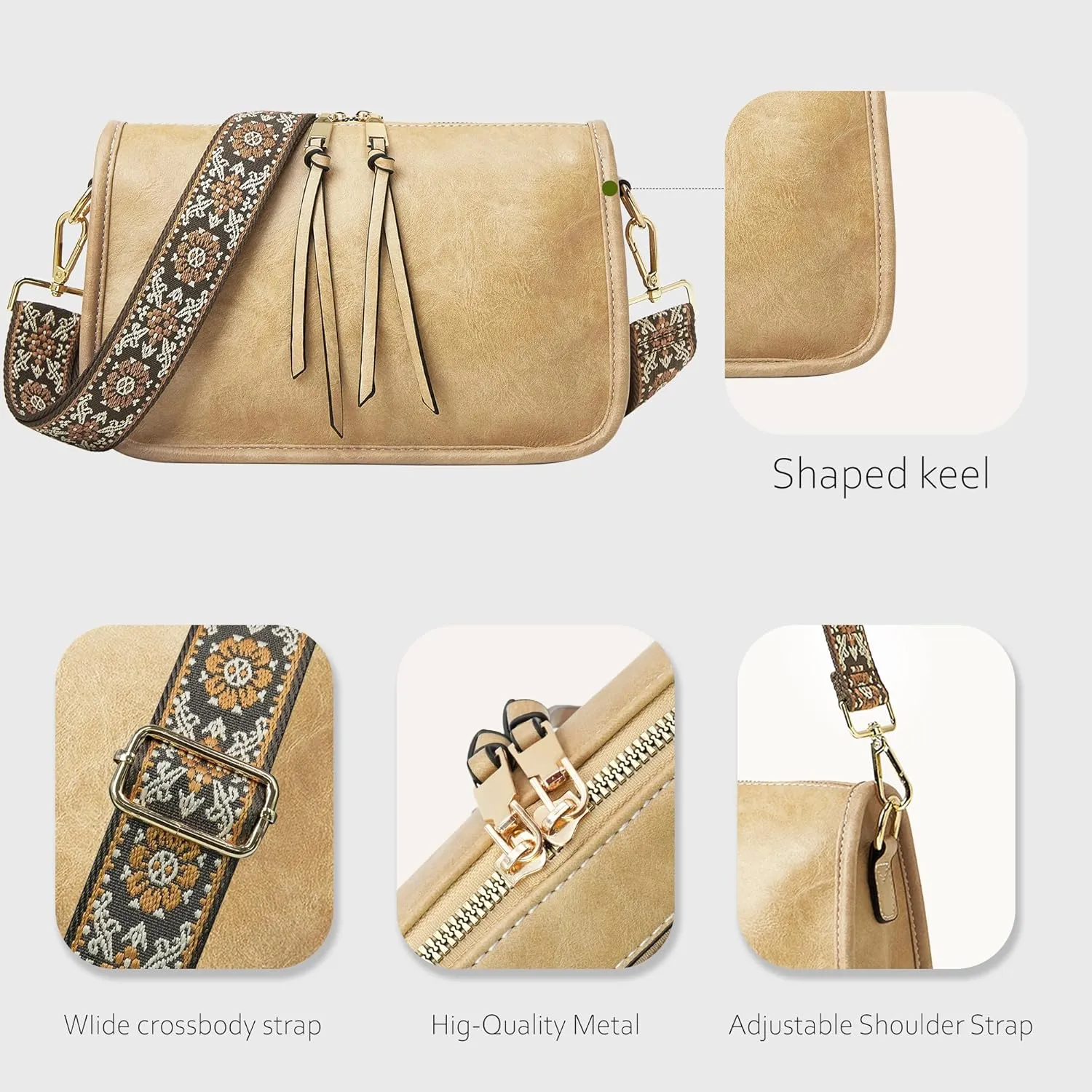 Crossbody Bag for Women Bohemian Vintage Stylish Purse Vegan Leather Shoulder Bag with Adjustable Wide Strap