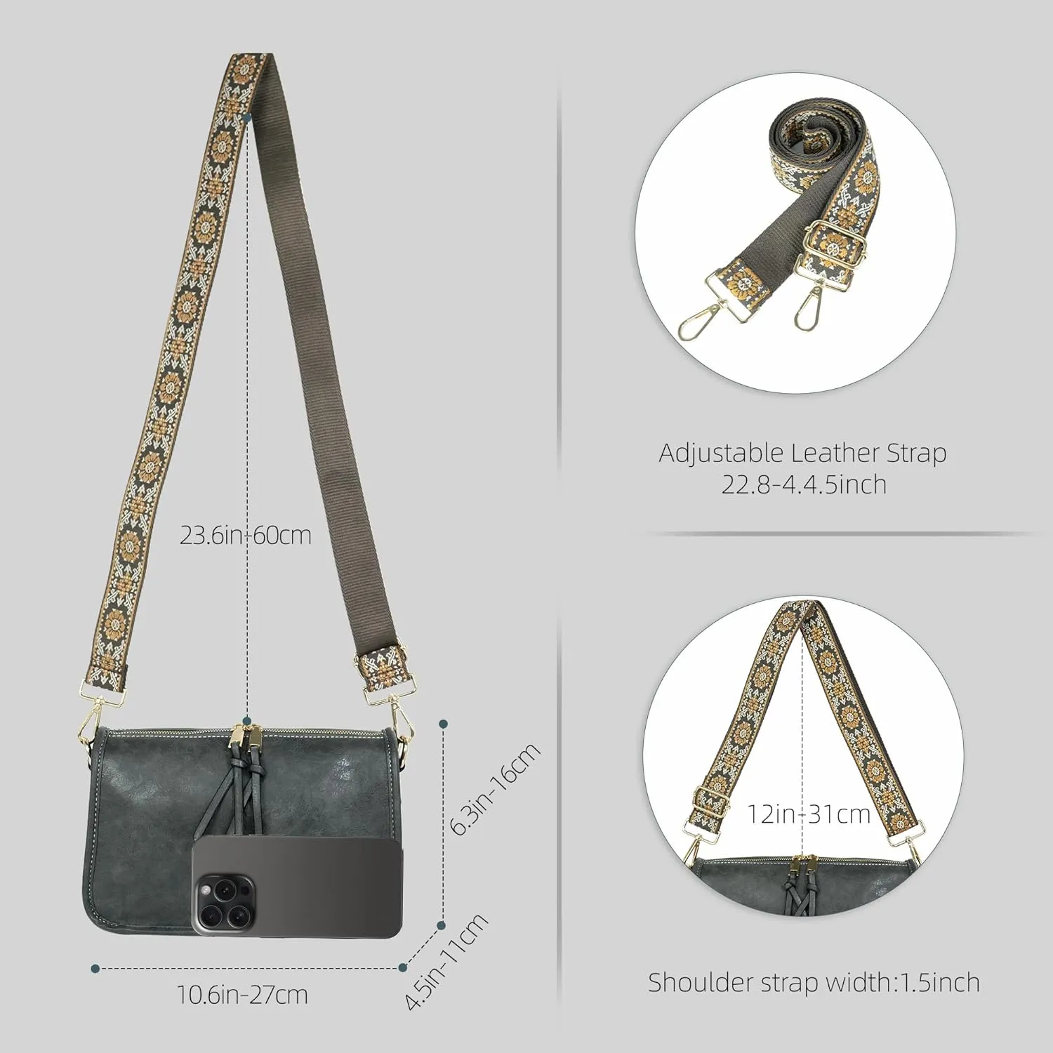 Crossbody Bag for Women Bohemian Vintage Stylish Purse Vegan Leather Shoulder Bag with Adjustable Wide Strap