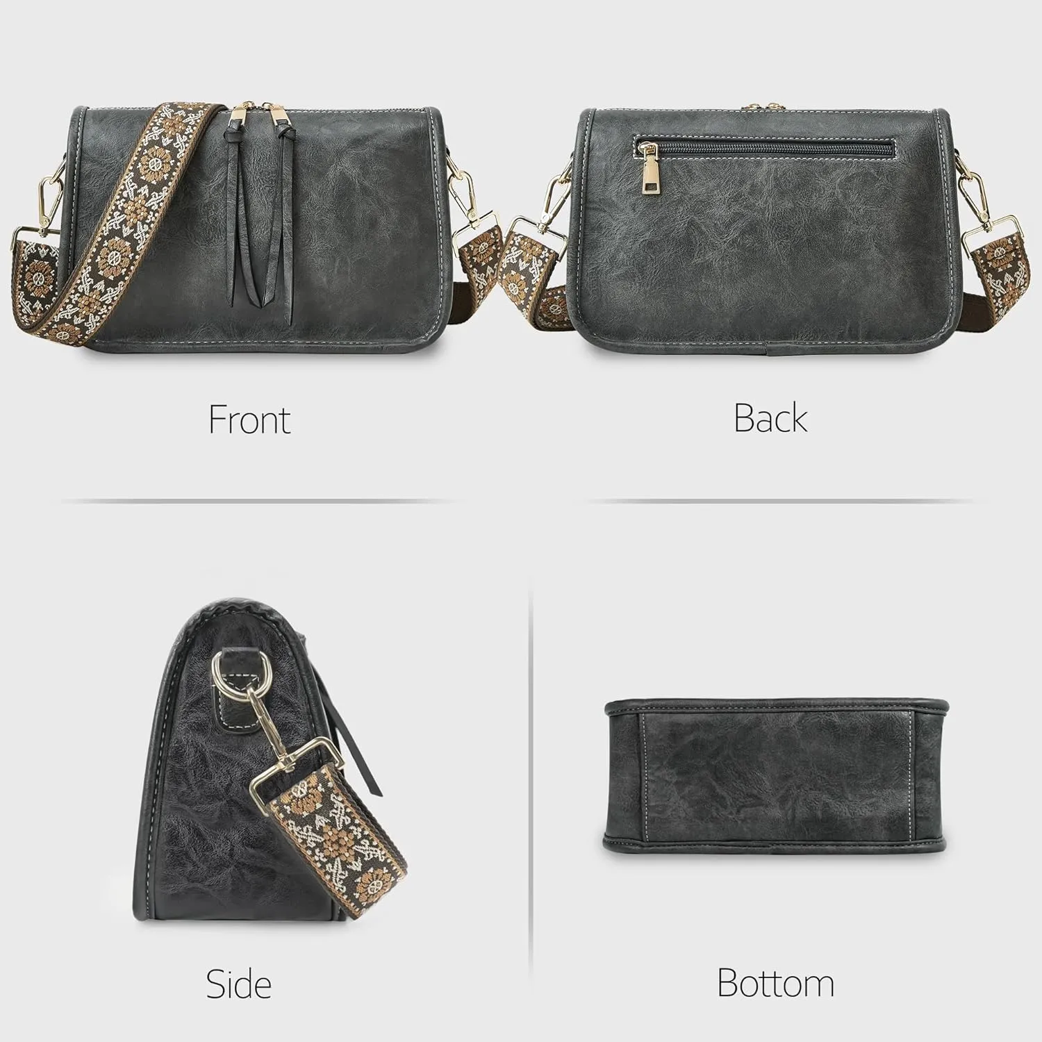 Crossbody Bag for Women Bohemian Vintage Stylish Purse Vegan Leather Shoulder Bag with Adjustable Wide Strap