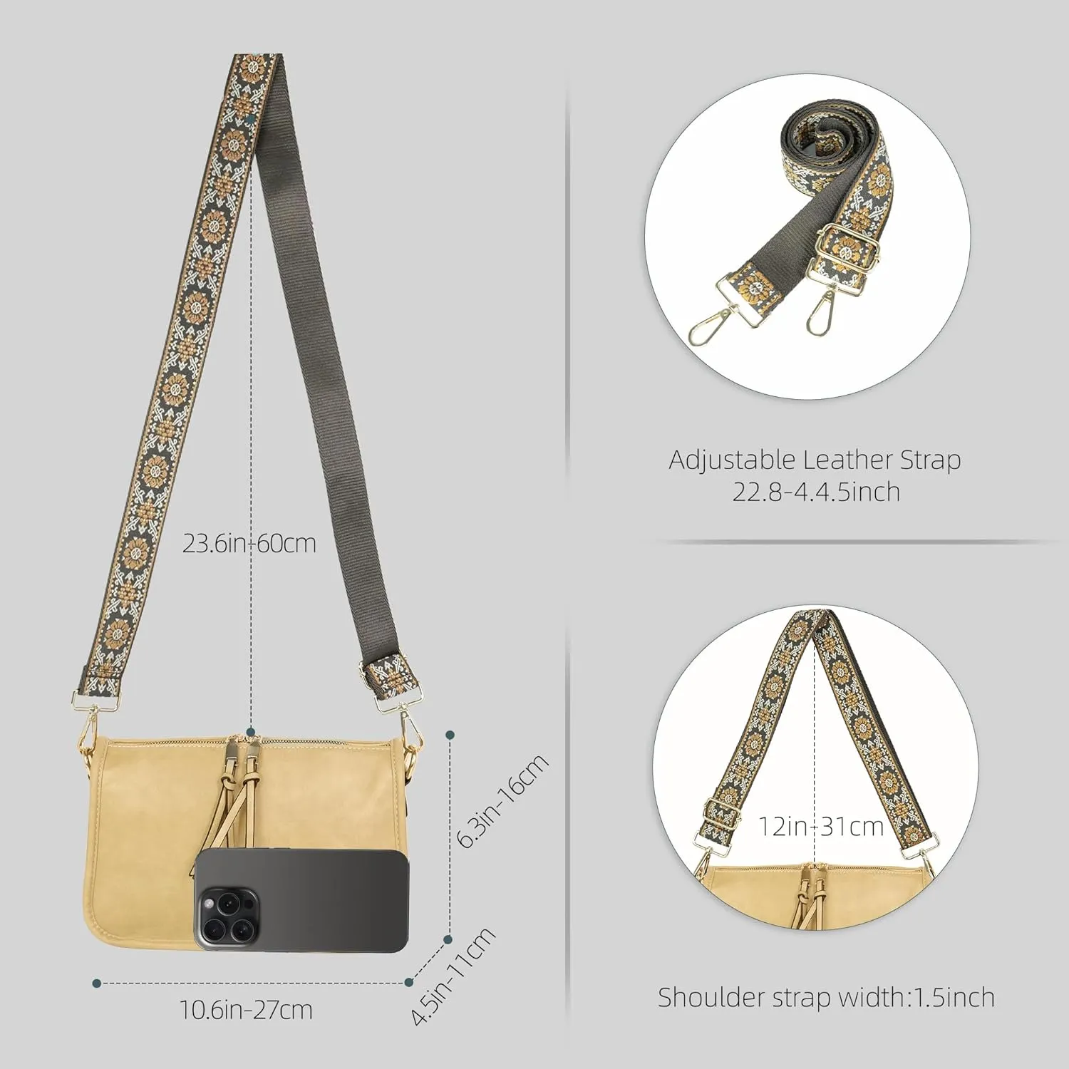 Crossbody Bag for Women Bohemian Vintage Stylish Purse Vegan Leather Shoulder Bag with Adjustable Wide Strap