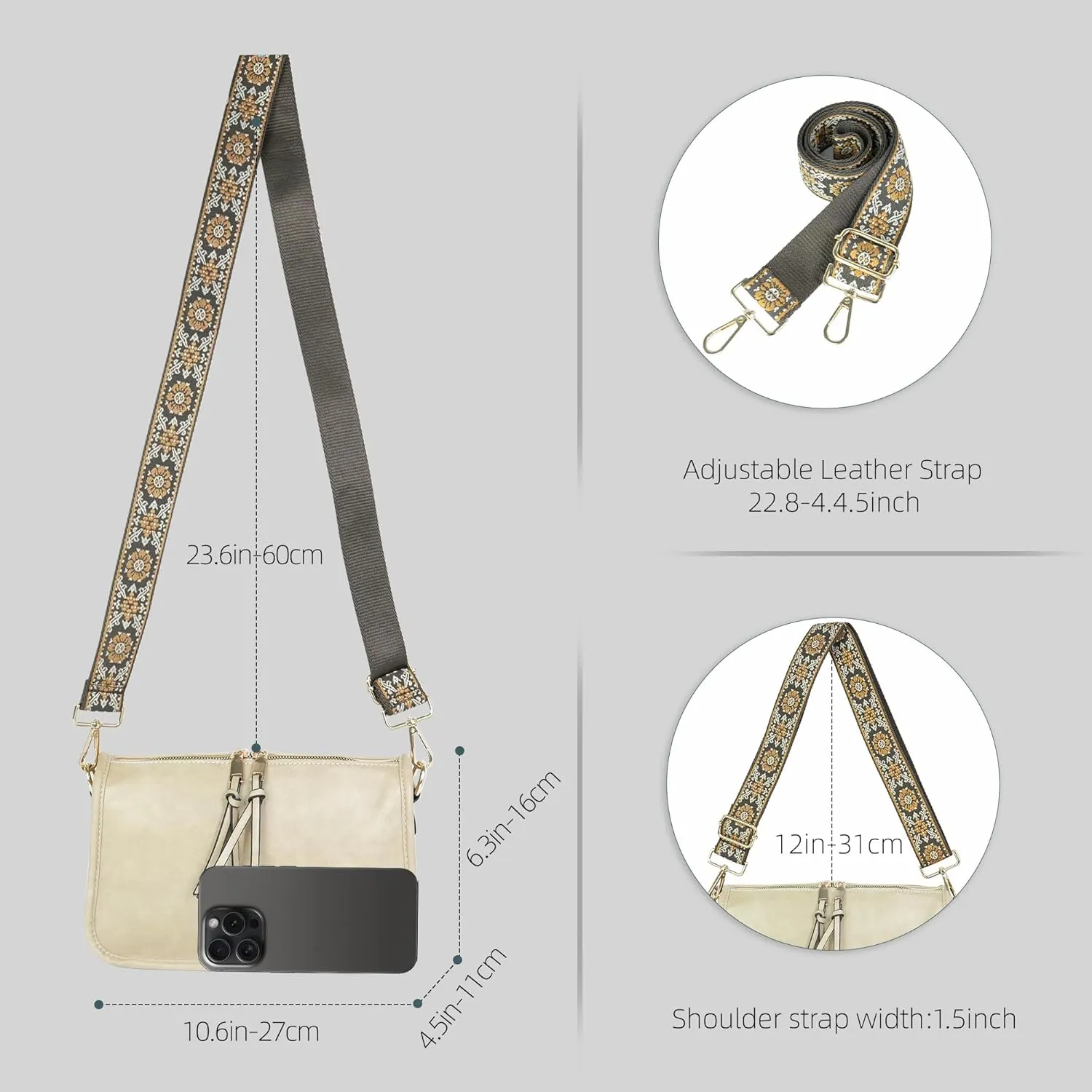 Crossbody Bag for Women Bohemian Vintage Stylish Purse Vegan Leather Shoulder Bag with Adjustable Wide Strap