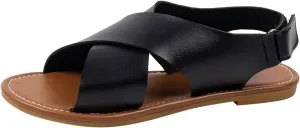 CsgrFagr Ladies Fashion Summer Solid Color Leather Open Toe Hook Loop Flat Bottom Sandals Women Slides (Black, 7.5)