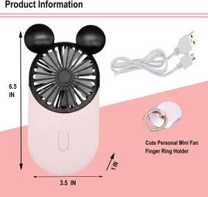 Cute Personal Mini Fan(2 PACK), Mini Handheld Fan, USB Rechargeable Portable Fan with Stylish LED Light,3 Speed Adjustable,Cute Mouse,for Kids Girls Woman Home Office Outdoor Travel