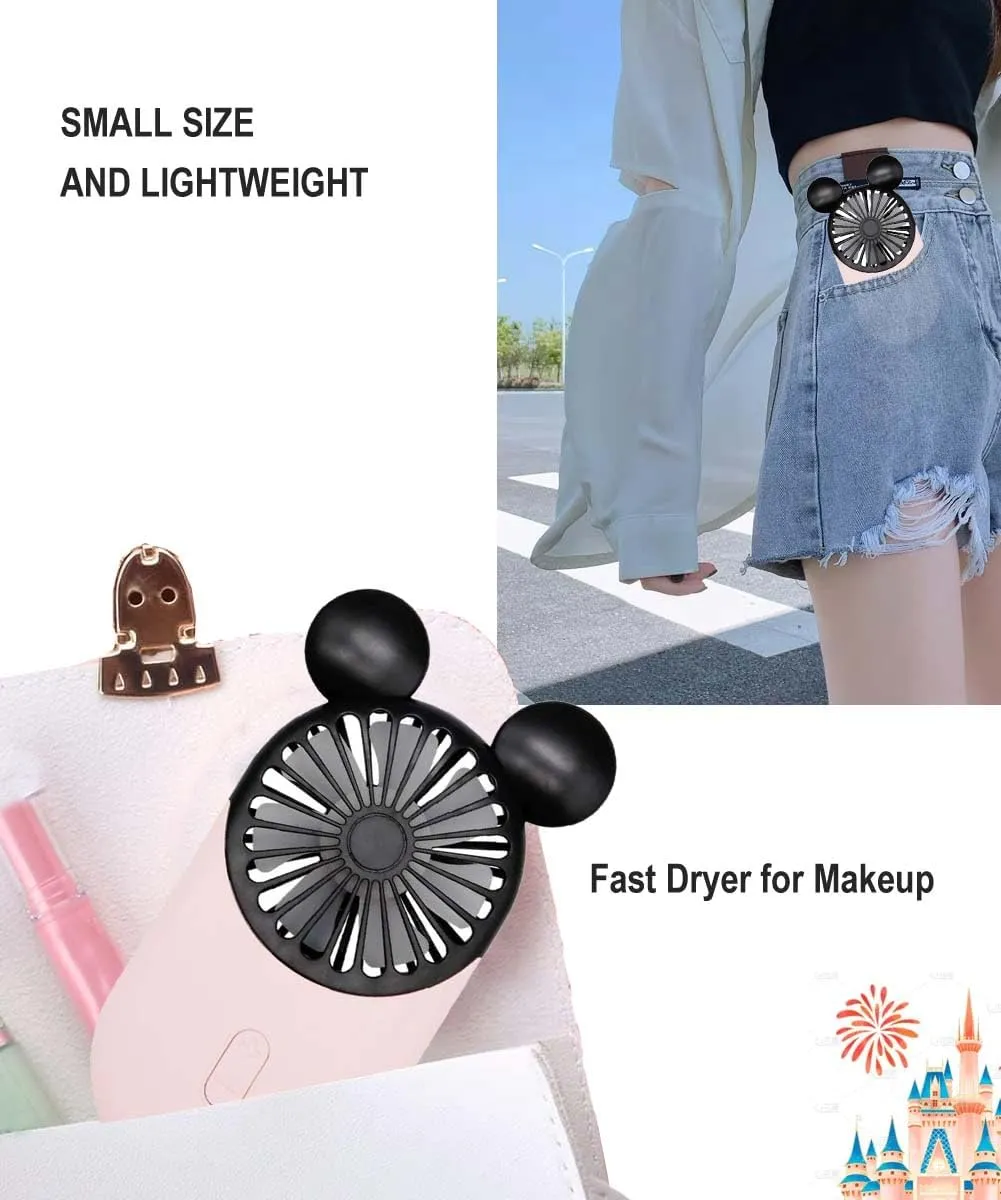 Cute Personal Mini Fan(2 PACK), Mini Handheld Fan, USB Rechargeable Portable Fan with Stylish LED Light,3 Speed Adjustable,Cute Mouse,for Kids Girls Woman Home Office Outdoor Travel