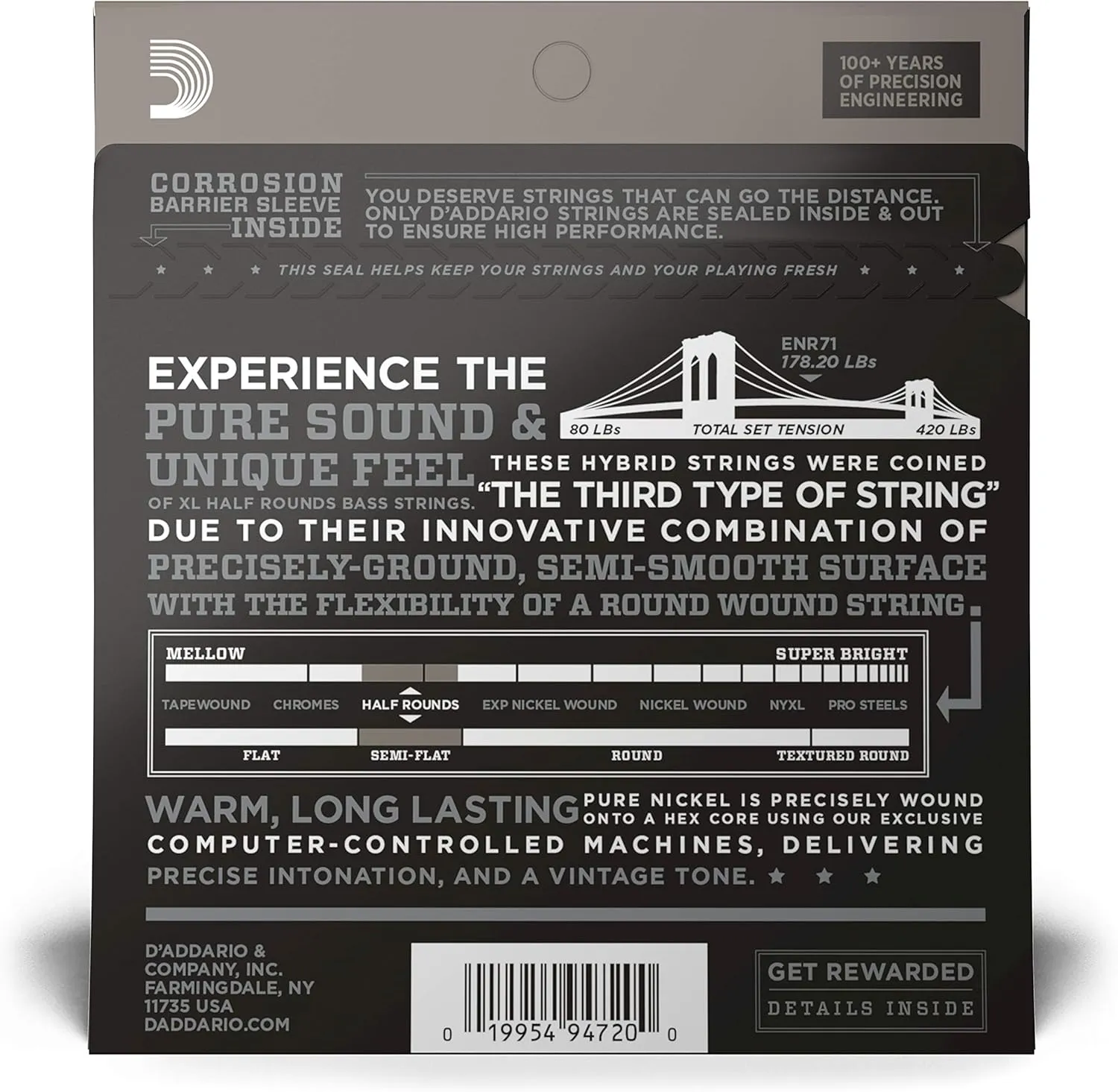 D'Addario Bass Guitar Strings, XL Nickel Half Rounds, ENR71, Long Scale, Regular Light Gauge 45-100, 4-String Set, Pack of 1