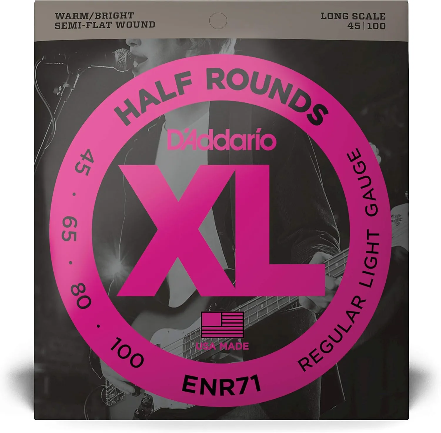 D'Addario Bass Guitar Strings, XL Nickel Half Rounds, ENR71, Long Scale, Regular Light Gauge 45-100, 4-String Set, Pack of 1