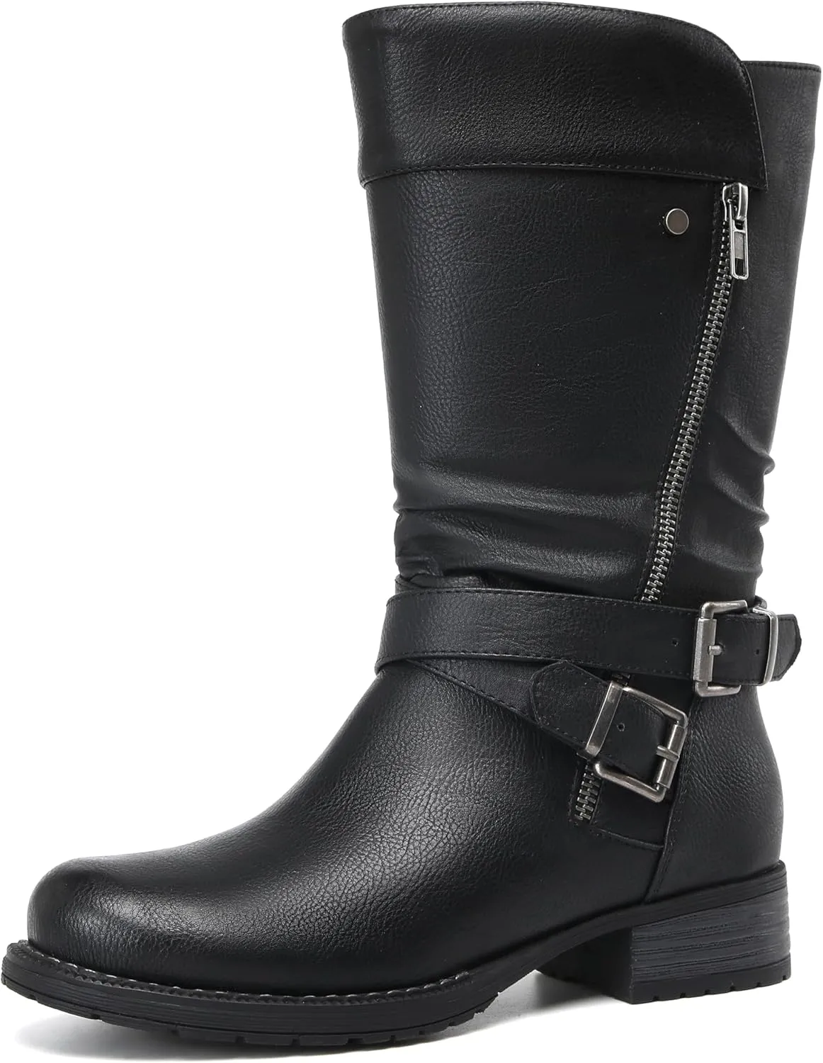 DECARSDZ Women's Mid-Calf Boots Fall Low Heel Fashion Ladies Combat Motorcycle Boots