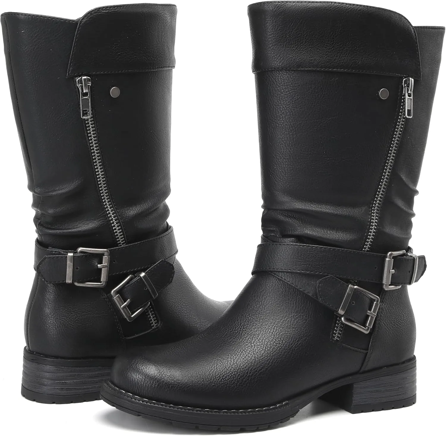 DECARSDZ Women's Mid-Calf Boots Fall Low Heel Fashion Ladies Combat Motorcycle Boots