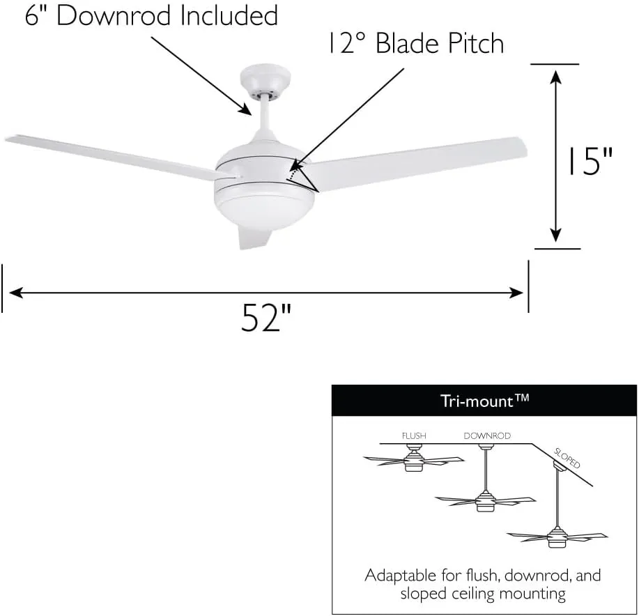 Design House 156513-WHT Treviento LED 52-inch Contemporary Indoor Ceiling Fan with LED Light Kit, 3-Blade, Reverse Airflow, Remote Control, White