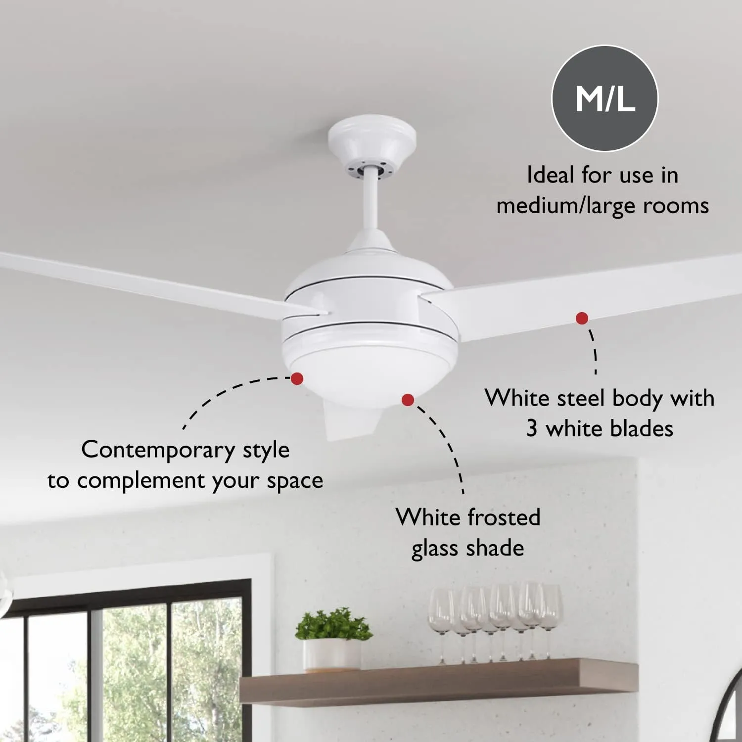 Design House 156513-WHT Treviento LED 52-inch Contemporary Indoor Ceiling Fan with LED Light Kit, 3-Blade, Reverse Airflow, Remote Control, White