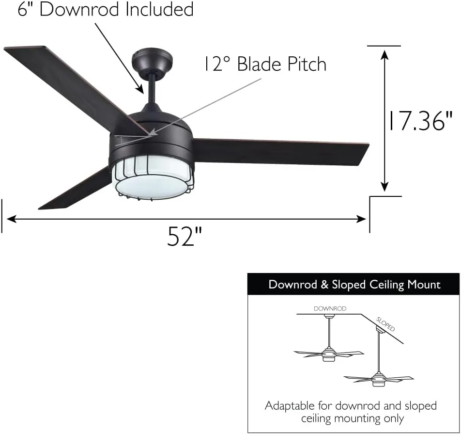 Design House 157347 Ajax Industrial Modern Indoor Ceiling Fan with LED Light Kit, 3-Blades, Reverse Airflow, Wall Control, 52-inch, Oil Rubbed Bronze