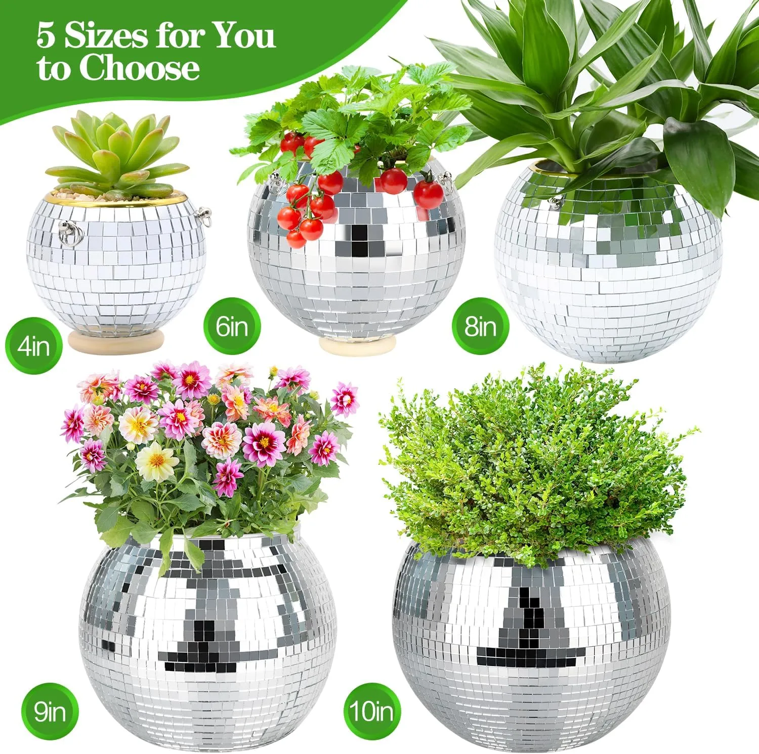 Disco Ball Planter, 1pcs 9” Silver Disco Ball Planter, Disco Ball Plant Hanger with Hanging Rope, Hanging Chain, Hook, Circle and Extra Mirror Pieces(9" Silver, 1pcs)