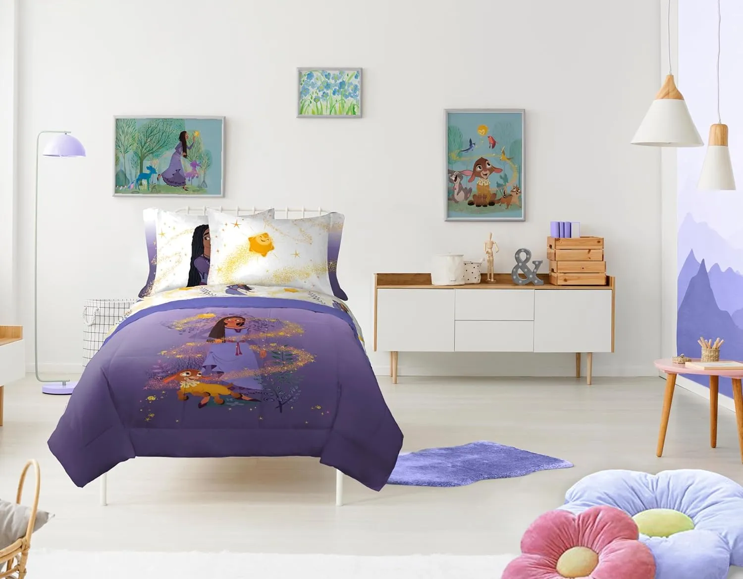 Disney Wish Full Comforter Set - 7 Piece Bed Set Includes Sheet Set & Pillow Covers - Super Soft Kids Bedding Features Asha, Valentino & Star