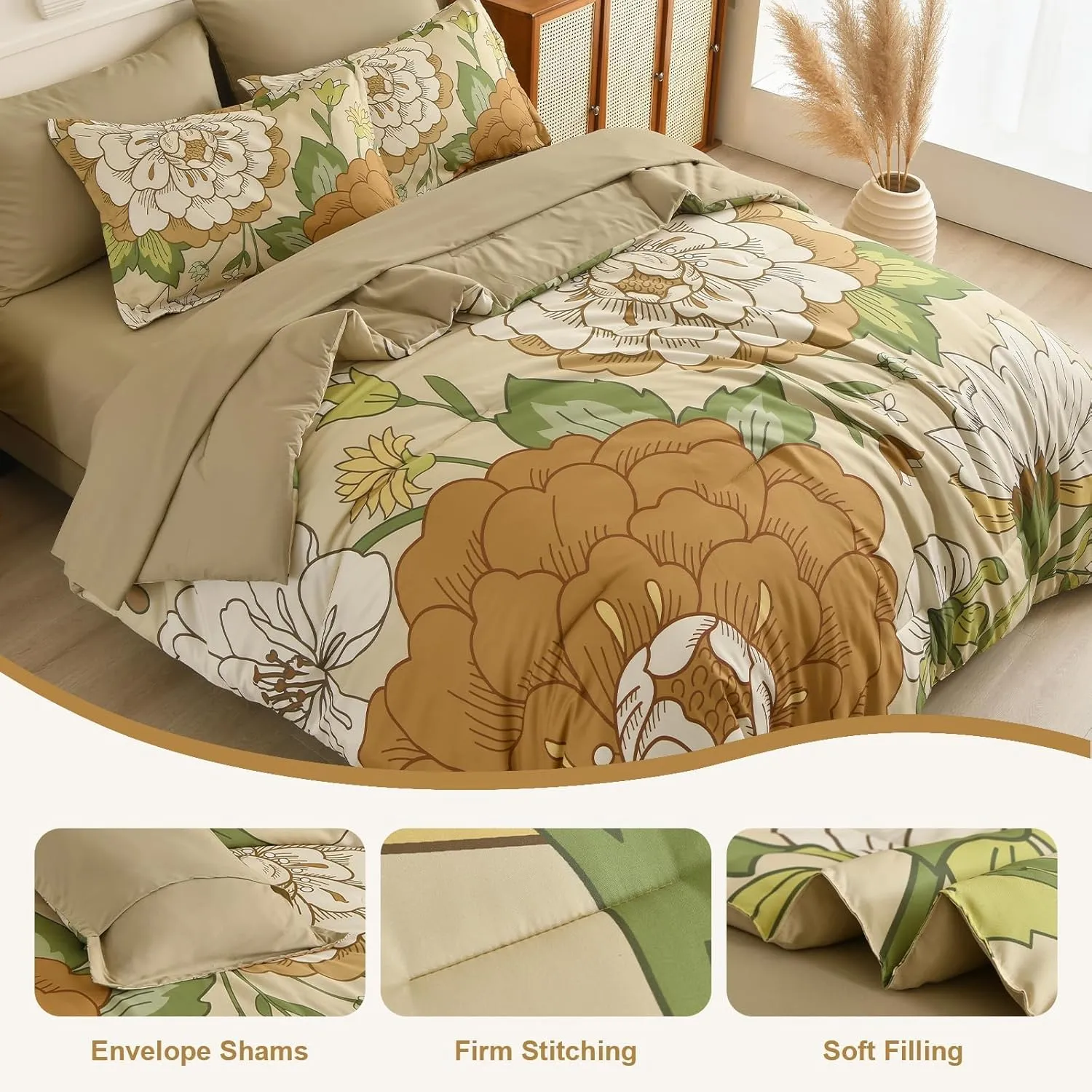 DJY Floral Comforter Set Queen Size Boho Bed in a Bag 7 Pieces Khaki and Green Flower Botanical Pattern Comforter Set with Sheets, Microfiber Soft Farmhouse Bedding Set for All Season (90''x90'')