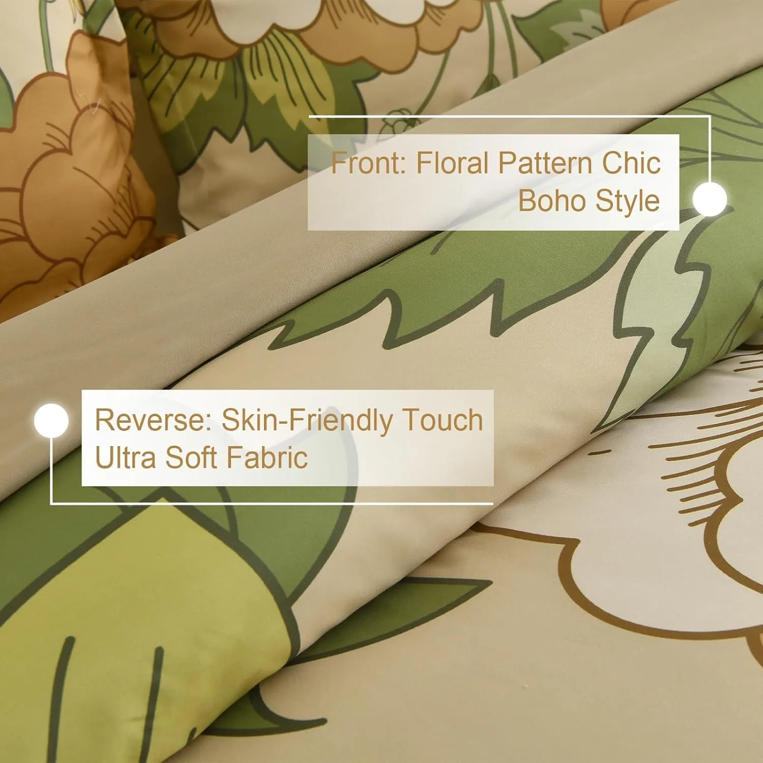 DJY Floral Comforter Set Queen Size Boho Bed in a Bag 7 Pieces Khaki and Green Flower Botanical Pattern Comforter Set with Sheets, Microfiber Soft Farmhouse Bedding Set for All Season (90''x90'')