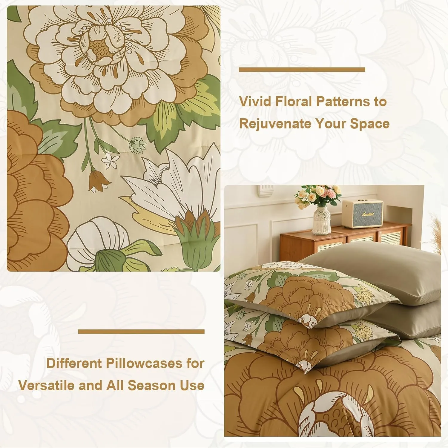 DJY Floral Comforter Set Queen Size Boho Bed in a Bag 7 Pieces Khaki and Green Flower Botanical Pattern Comforter Set with Sheets, Microfiber Soft Farmhouse Bedding Set for All Season (90''x90'')
