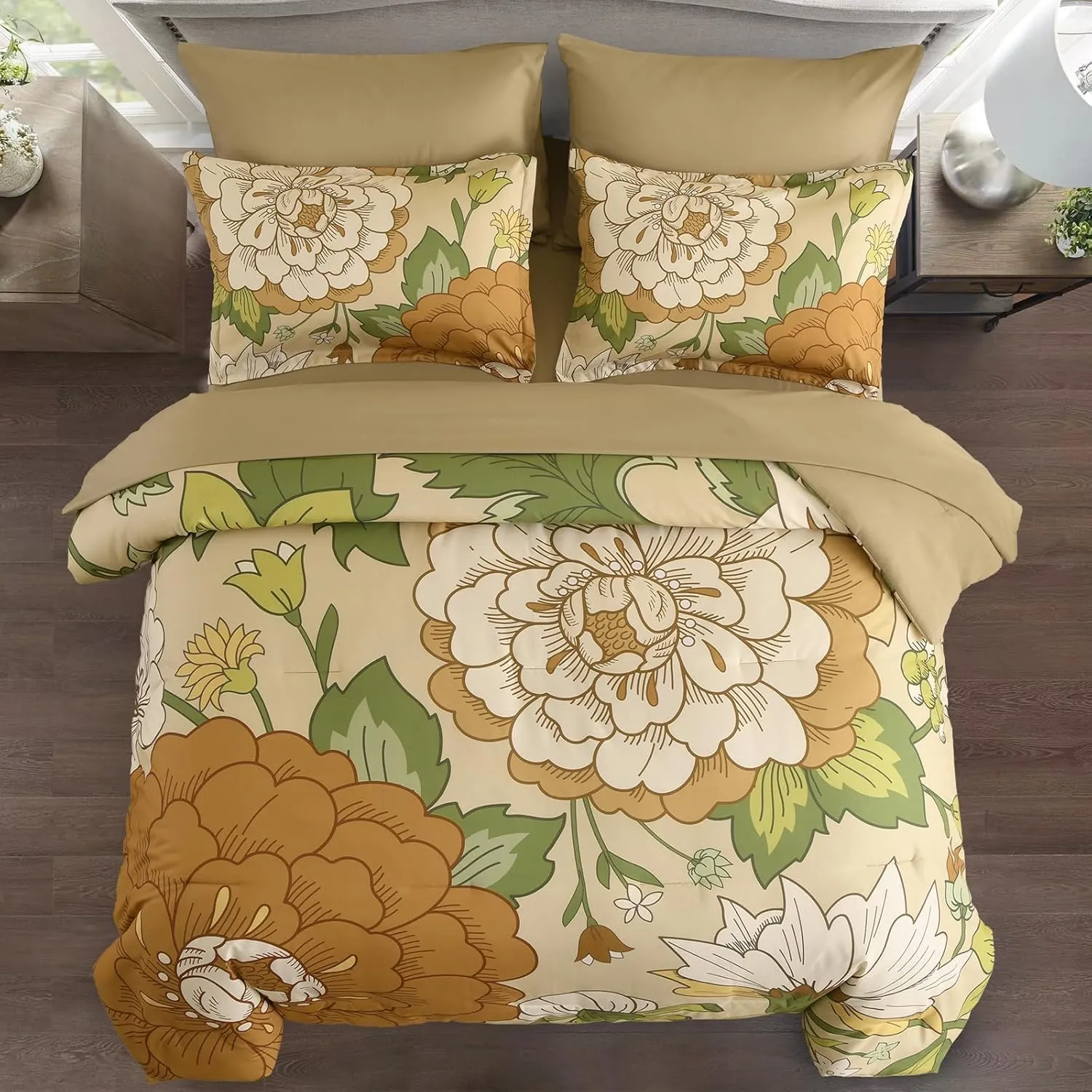 DJY Floral Comforter Set Queen Size Boho Bed in a Bag 7 Pieces Khaki and Green Flower Botanical Pattern Comforter Set with Sheets, Microfiber Soft Farmhouse Bedding Set for All Season (90''x90'')
