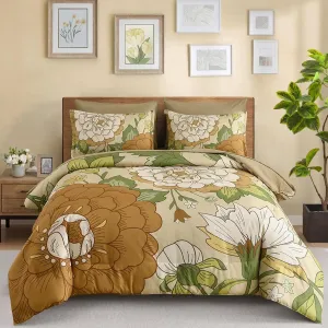 DJY Floral Comforter Set Queen Size Boho Bed in a Bag 7 Pieces Khaki and Green Flower Botanical Pattern Comforter Set with Sheets, Microfiber Soft Farmhouse Bedding Set for All Season (90''x90'')