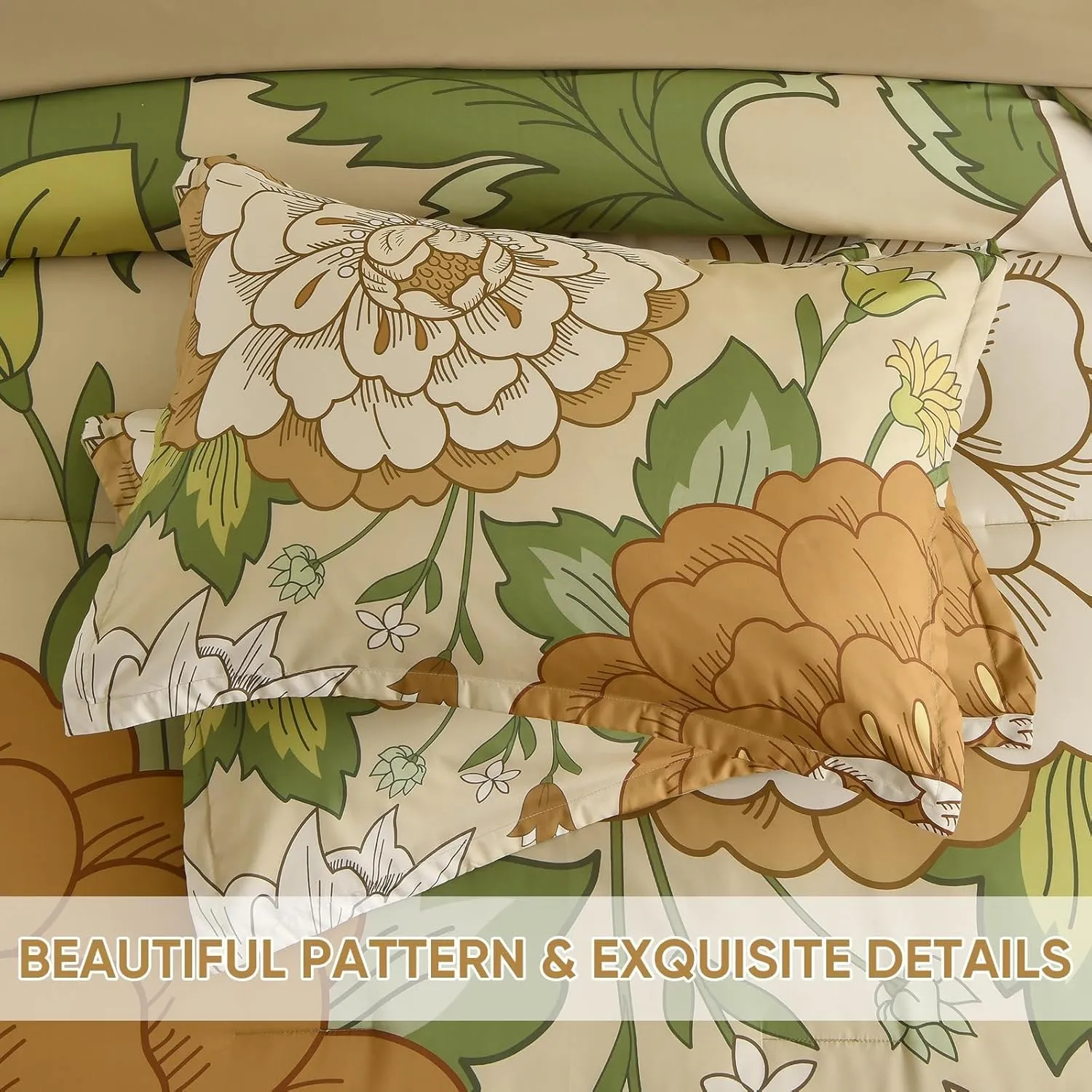 DJY Floral Comforter Set Queen Size Boho Bed in a Bag 7 Pieces Khaki and Green Flower Botanical Pattern Comforter Set with Sheets, Microfiber Soft Farmhouse Bedding Set for All Season (90''x90'')