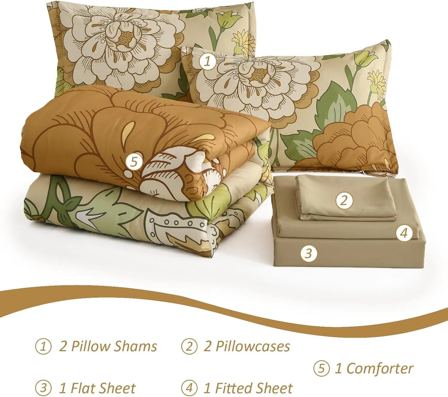 DJY Floral Comforter Set Queen Size Boho Bed in a Bag 7 Pieces Khaki and Green Flower Botanical Pattern Comforter Set with Sheets, Microfiber Soft Farmhouse Bedding Set for All Season (90''x90'')