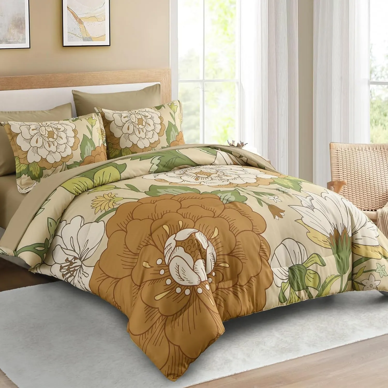 DJY Floral Comforter Set Queen Size Boho Bed in a Bag 7 Pieces Khaki and Green Flower Botanical Pattern Comforter Set with Sheets, Microfiber Soft Farmhouse Bedding Set for All Season (90''x90'')