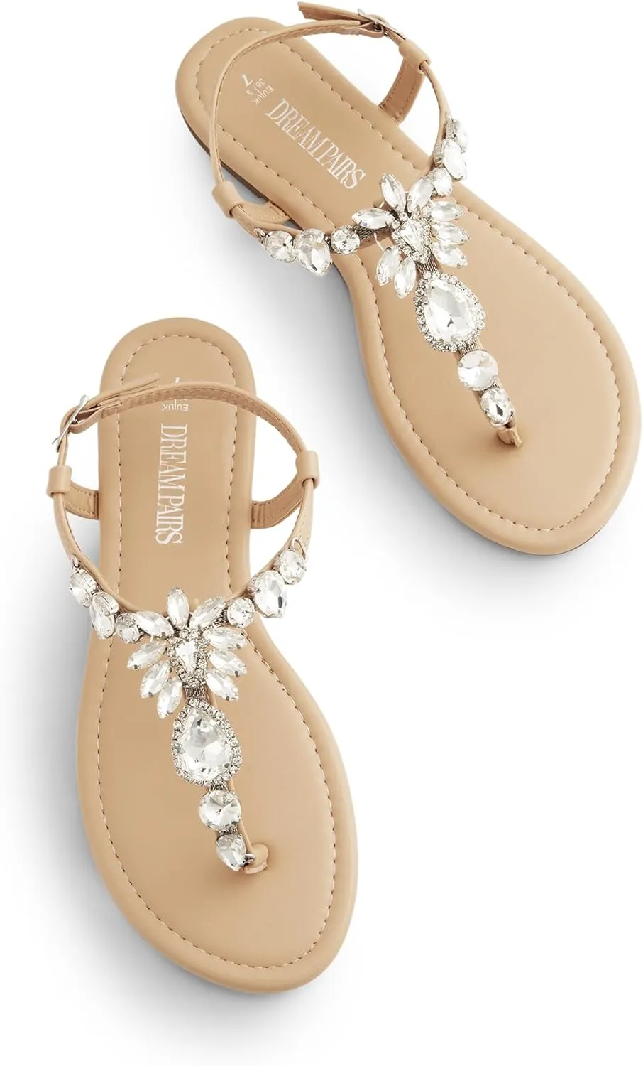 DREAM PAIRS Flat Sandals for Women Dressy Rhinestone T-Strap Thong Flat Sandals for Summers Dress Beach