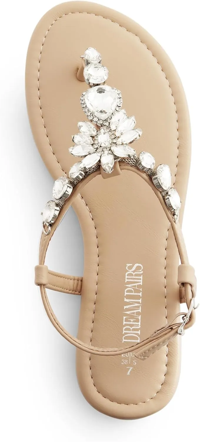 DREAM PAIRS Flat Sandals for Women Dressy Rhinestone T-Strap Thong Flat Sandals for Summers Dress Beach