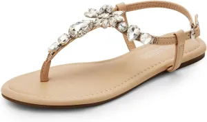 DREAM PAIRS Flat Sandals for Women Dressy Rhinestone T-Strap Thong Flat Sandals for Summers Dress Beach